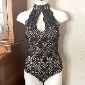 San Joy Black Lace Bodysuit High neck collar Snap closures